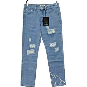 Liquor N Poker Womens Size 32 Blue Distressed Mountain Print Straight Leg Jeans